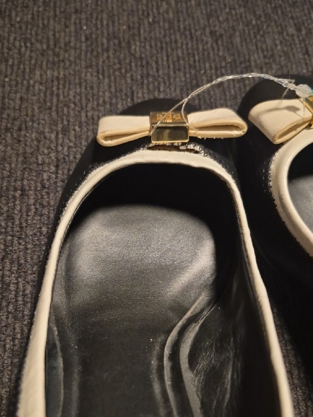 Tory Burch Black Wedge Pumps with Cream Trim and Bow Accent - Picture 6 of 6